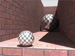 An example of the Ebbinghaus or "same size" illusion. Although, in perspective the sphere to the right seems larger, in reality both spheres are exactly the same size.